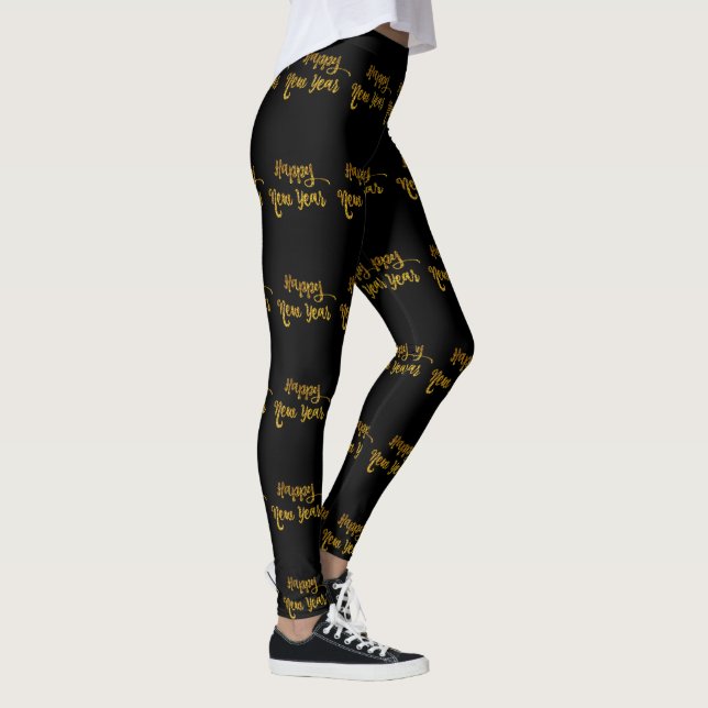 Black & Gold Glitter Happy New Year Leggings (Right)