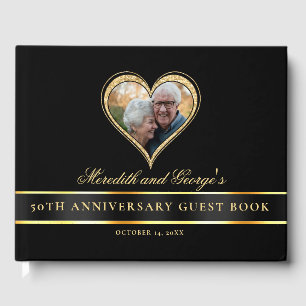 Black Gold Glitter Heart Photo 50th Anniversary Guest Book