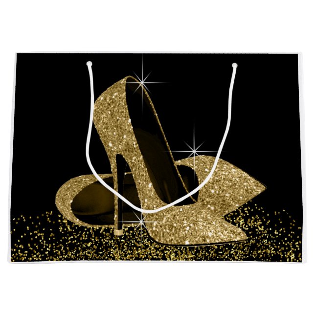 Black Gold Glitter High Heel Shoes Large Gift Bag (Front)