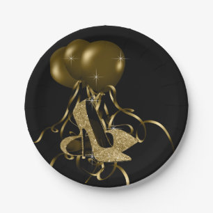Black Gold Glitter High Heel Shoes Womans Birthday Paper Plate