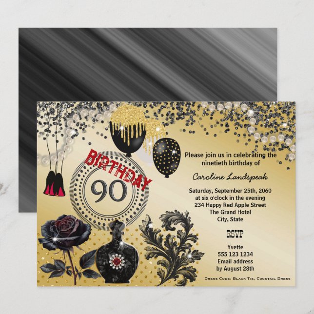Black Gold Glitter & High Heels 90th Birthday Invitation (Front/Back)