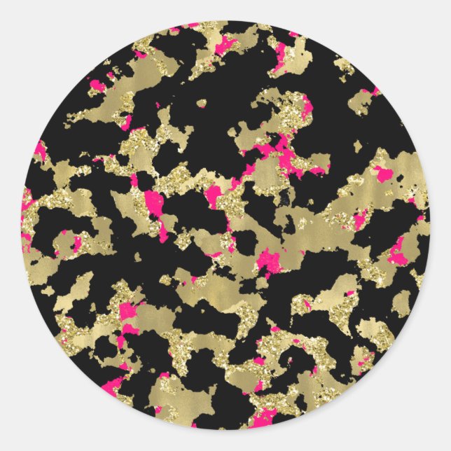 Black Gold Glitter Hot Pink Abstract Peeling Glam Classic Round Sticker (Front)