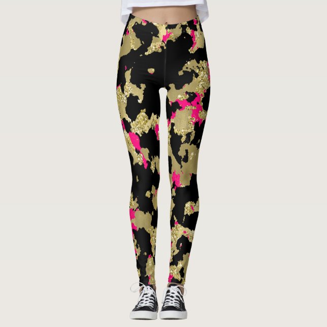 Black Gold Glitter Hot Pink Abstract Peeling Glam Leggings (Front)