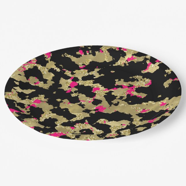 Black Gold Glitter Hot Pink Abstract Peeling Glam Paper Plate (Angled)