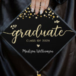 Black Gold Glitter Jewels Modern Script Hearts Graduation Cap Topper<br><div class="desc">Your favourite grad will stand out and make a statement when they wear this graduation cap topper! Let them celebrate their milestone with this girly, stunning, simple, modern, custom graduation keepsake. A fun, playful visual of faux gold and white script handwriting and cute, playful hearts, along with her name and...</div>