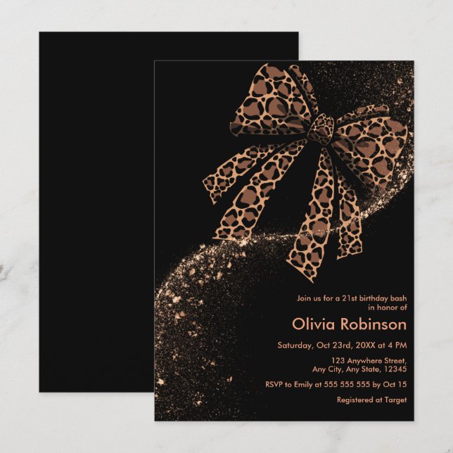 Black Gold Glitter Leopard Print Bow 21st Birthday Invitation (Front/Back)