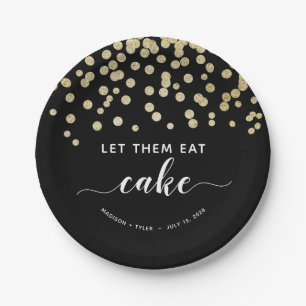 Black & Gold Glitter Let Them Eat Cake Fun Wedding Paper Plate