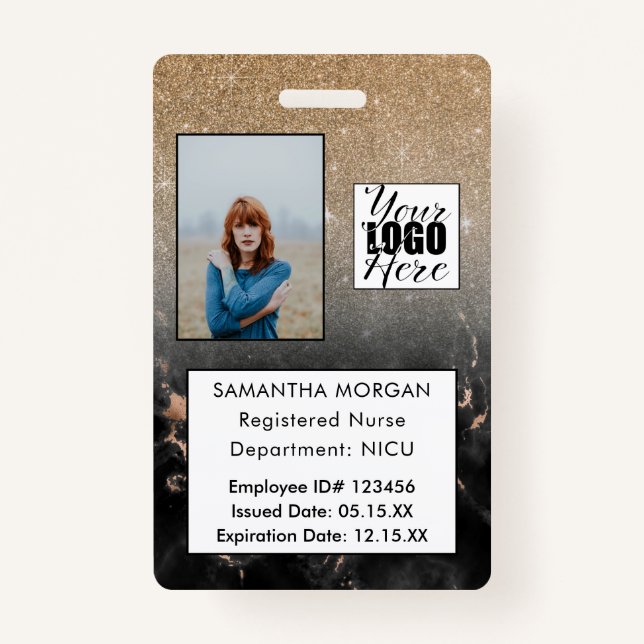 Black Gold Glitter Marble Photo Logo Employee ID Badge (Front)