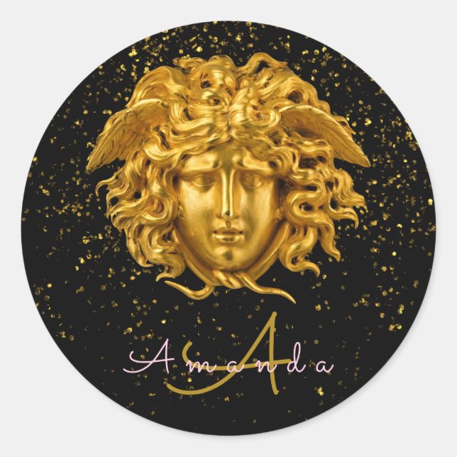 Black Gold Glitter Medusa Script Haute Couture Classic Round Sticker (Front)