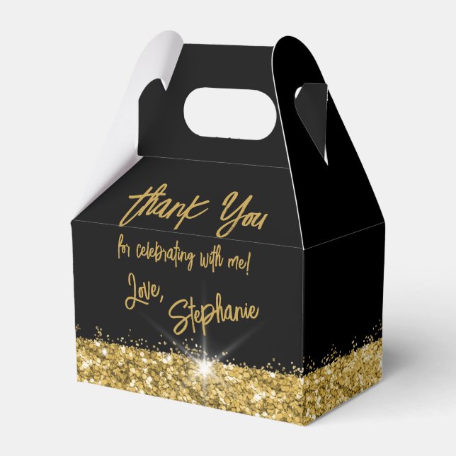 Black Gold Glitter Modern Fun Brush Script Custom  Favor Box (Front Side)