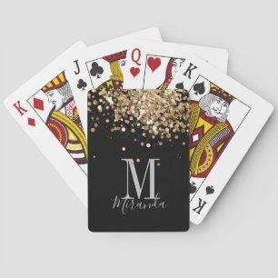 Black gold glitter monogram custom name playing cards