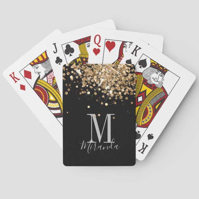 Black gold glitter monogram custom name playing cards (Back)