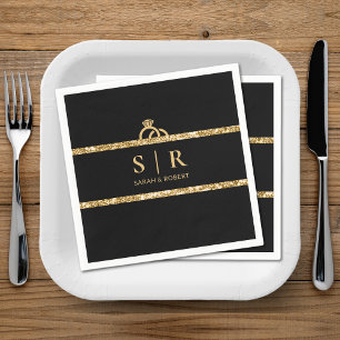 Black & Gold Glitter Monogram Initial Wedding Napkin