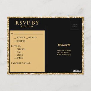 Black & Gold Glitter Monogram Initial Wedding RSVP Postcard