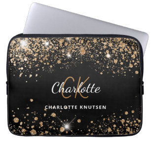 Black gold glitter monogram name glam laptop sleeve