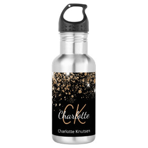 Black gold glitter monogram name sparkle 532 ml water bottle