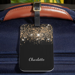 Black gold glitter name script glamourous luggage tag