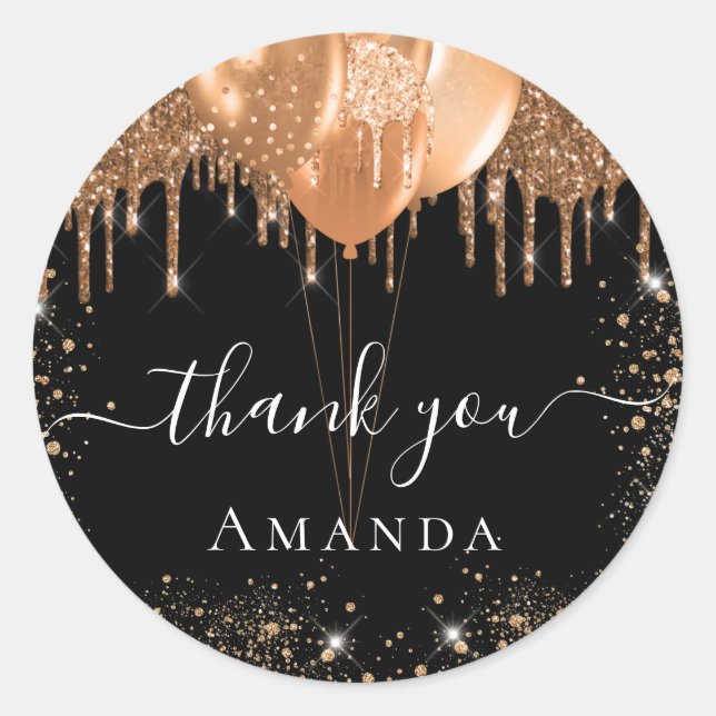 Black gold glitter name thank you classic round sticker (Front)