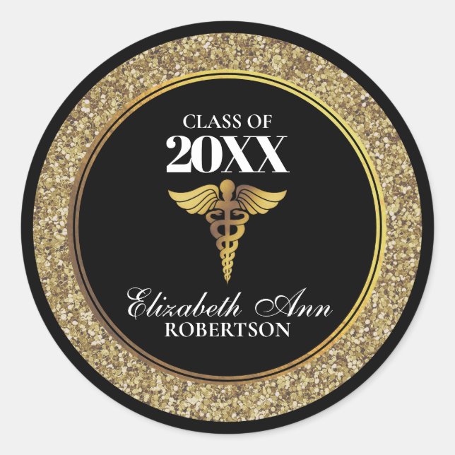 Black|Gold Glitter Nurse Graduation Classic Round Sticker (Front)