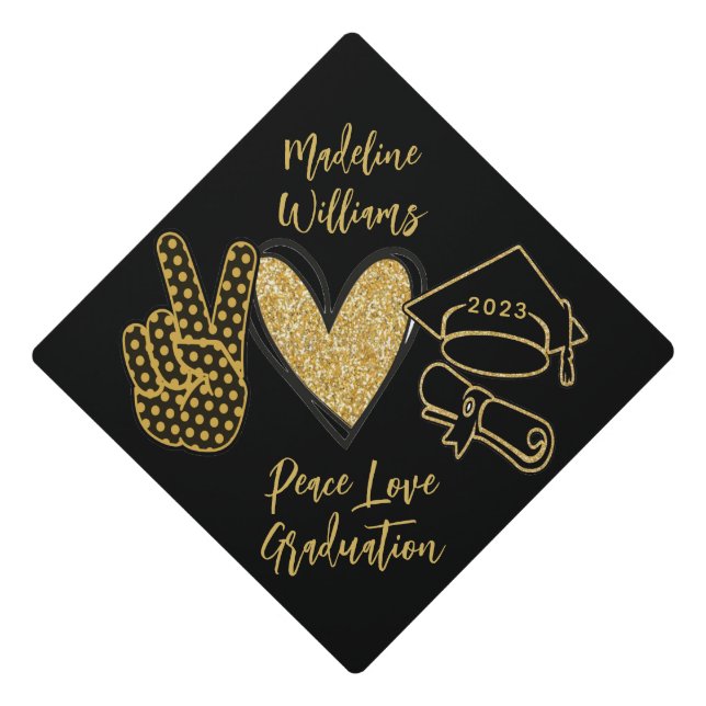 Black Gold Glitter Peace Love Class 2023 Name Grad Graduation Cap Topper (Front)