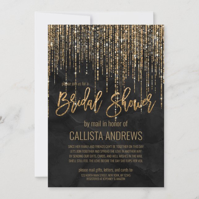 Black Gold Glitter Pearl Marble Bridal Shower Mail Invitation (Front)