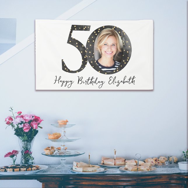 Black Gold Glitter Photo 50th Birthday Party  Banner (Creator Uploaded)