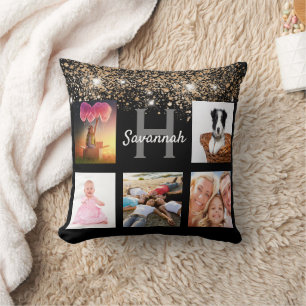 Black gold glitter photo collage monogram name throw pillow