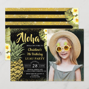 Black Gold Glitter Pineapple Floral Birthday Photo Invitation