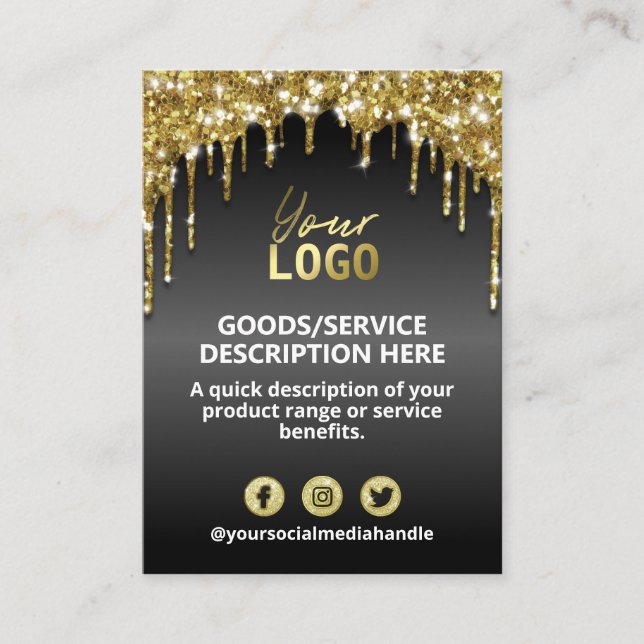 Black Gold Glitter Price Ingredients Product Range Business Card (Front)