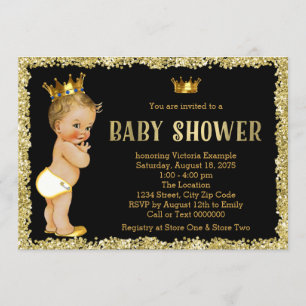 Black Gold Glitter Prince Baby Shower Invitation