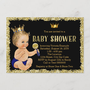 Black Gold Glitter Prince Boy Baby Shower Invitation