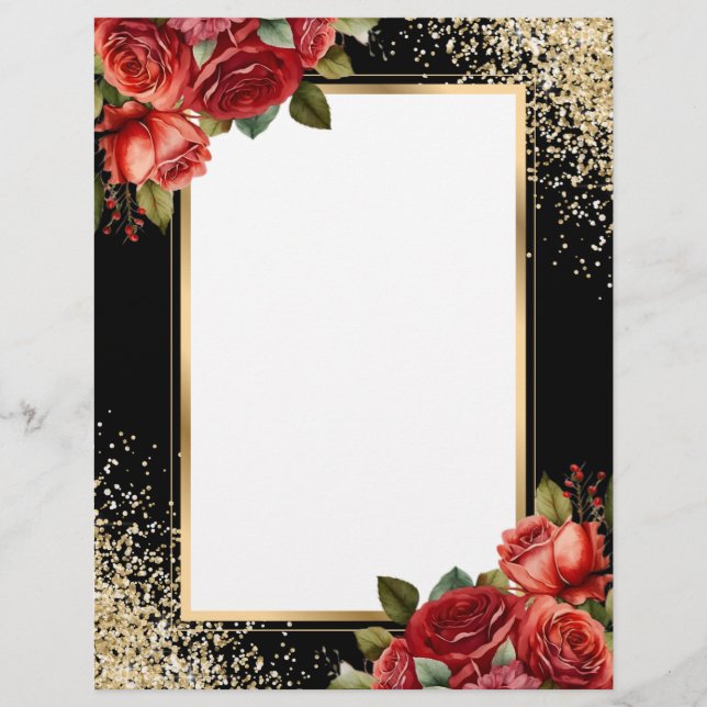 Black Gold Glitter Red Roses Photo Letterhead (Front)