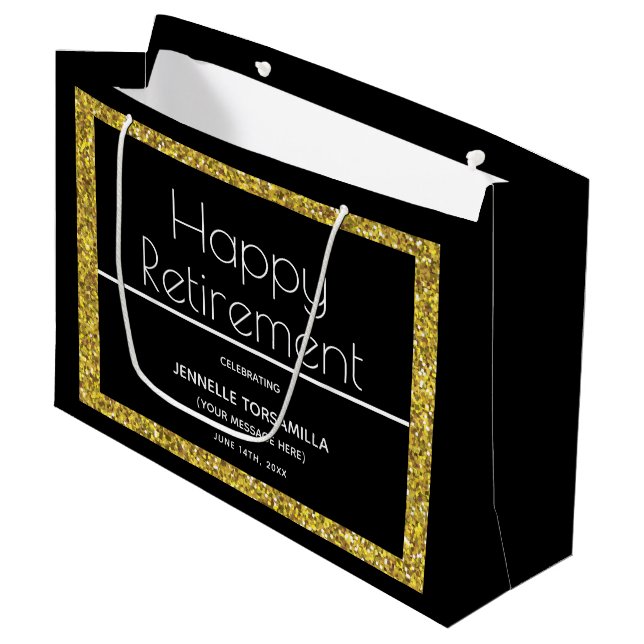 Black Gold Glitter Retirement Party Large Gift Bag (Front Angled)