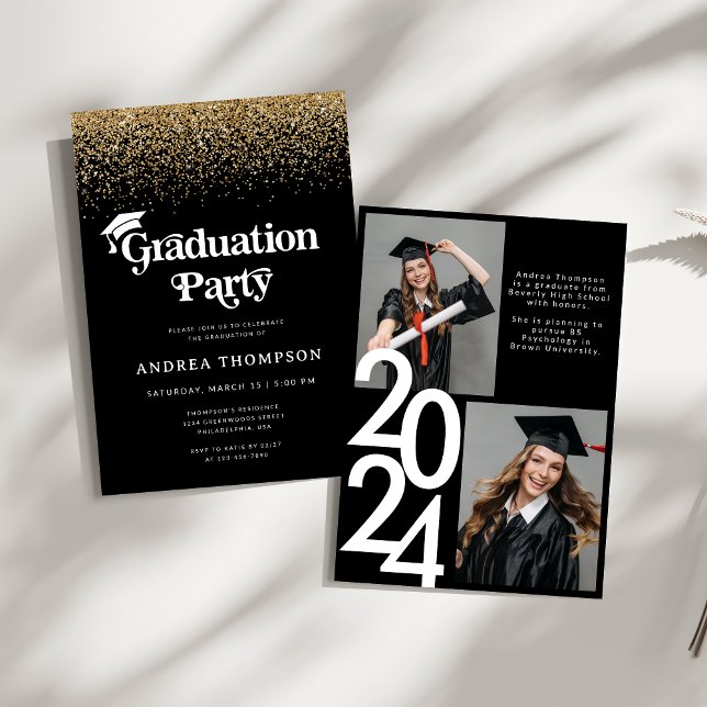 Black Gold Glitter Retro Graduation Party Photo Invitation (Creator Uploaded)