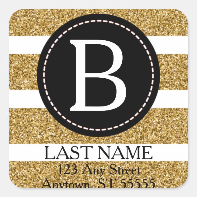 Black & Gold Glitter Return Address Square Sticker (Front)
