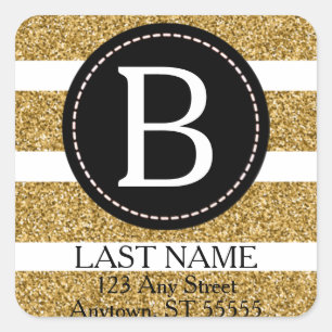 Black & Gold Glitter Return Address Square Sticker