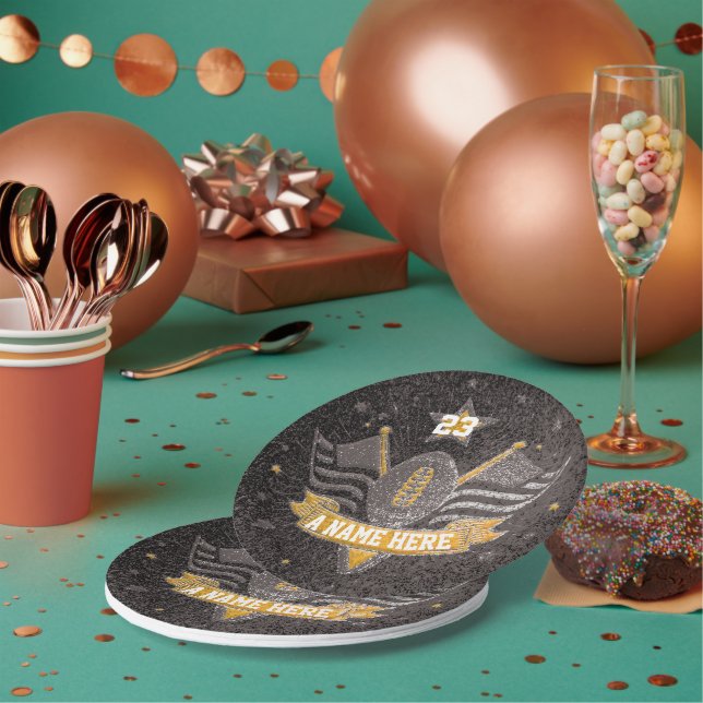 Black & Gold Glitter School Football Team Sports Paper Plate (Multi)