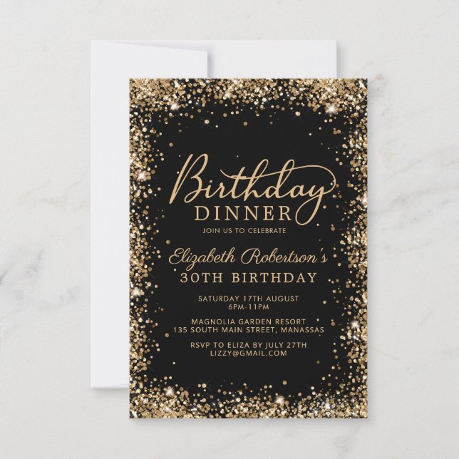 Black Gold Glitter Script 30th Birthday Dinner Invitation (Front)