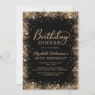 Black Gold Glitter Script 40th Birthday Dinner Invitation