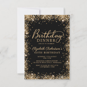Black Gold Glitter Script 40th Birthday Dinner Invitation