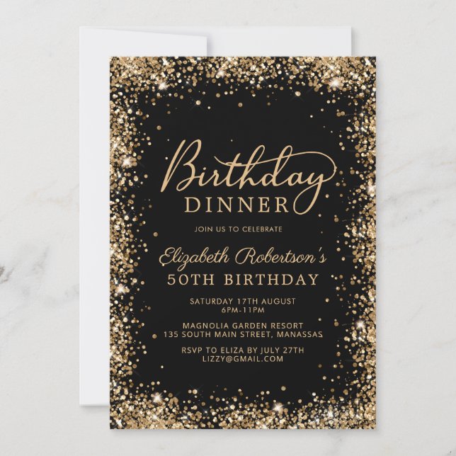 Black Gold Glitter Script 50th Birthday Dinner Invitation (Front)