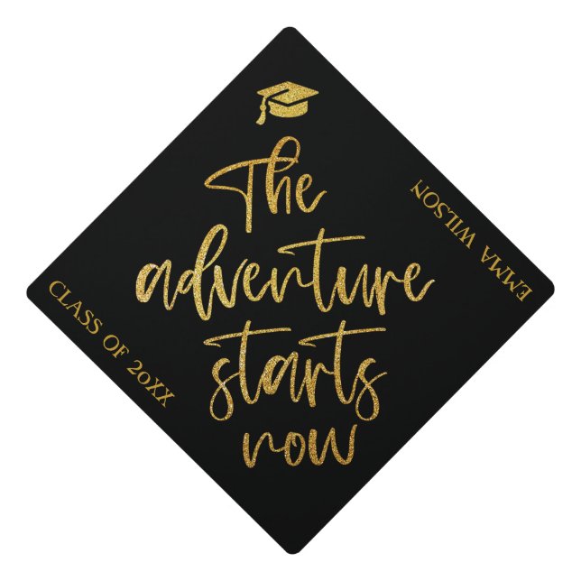 Black Gold Glitter Script Adventure Begins Text Graduation Cap Topper (Front)