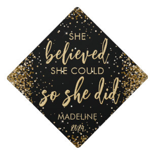 Black Gold Glitter She Believed She Could Name Graduation Cap Topper