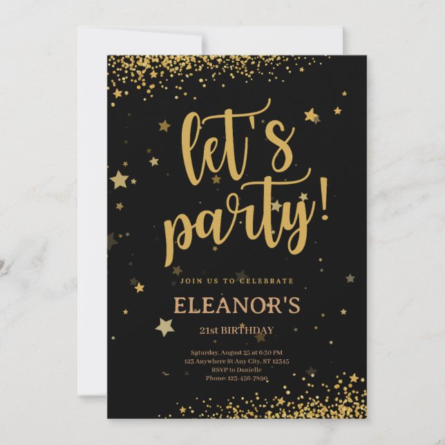 Black Gold Glitter Shiny Let's Party Birthday Invitation (Front)