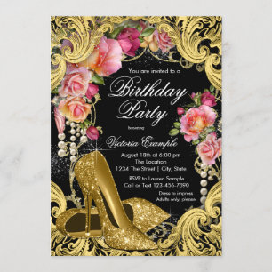 Black Gold Glitter Shoes Birthday Party Invitation