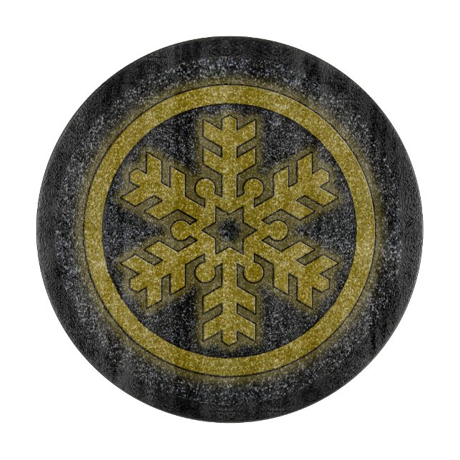 Black gold glitter snowflake round cutting board (Front)