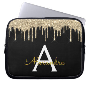 Black Gold Glitter Sparkle Monogram Laptop Sleeve