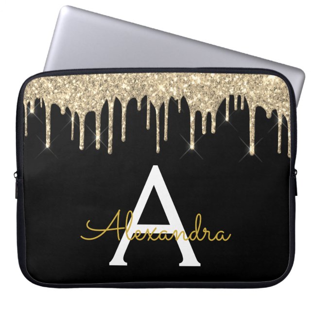 Black Gold Glitter Sparkle Monogram Laptop Sleeve (Front)