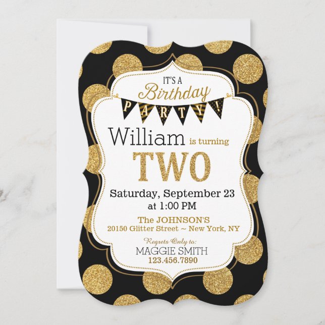 Black Gold Glitter Sparkle Second Birthday Invite (Front)