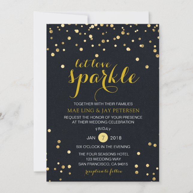 Black Gold Glitter Sparkle Wedding invitation (Front)
